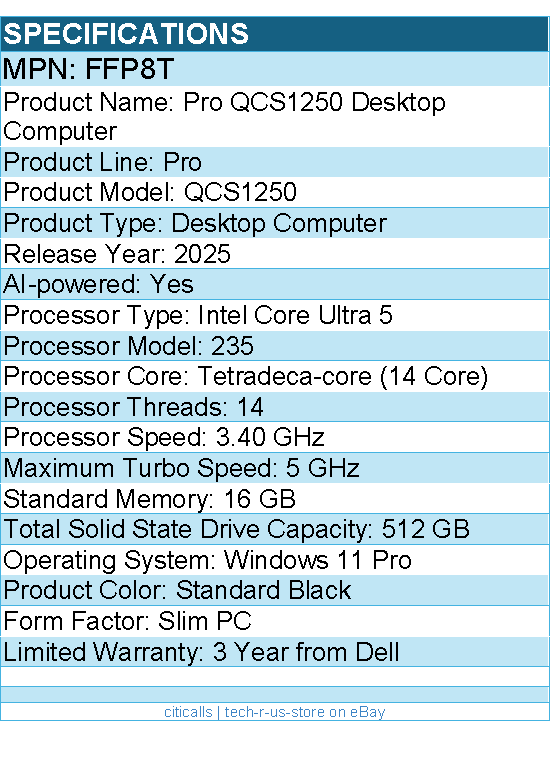 Dell FFP8T Pro QCS1250 Desktop Computer - Intel Core Ultra 5 235 - Slim PC