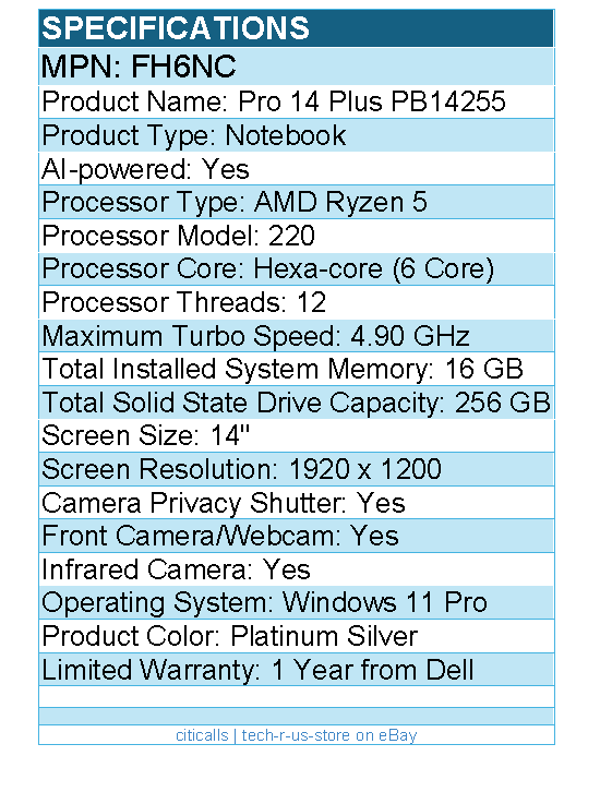 Dell FH6NC Pro 14 Plus PB14255 14" Clamshell Notebook - Full HD Plus