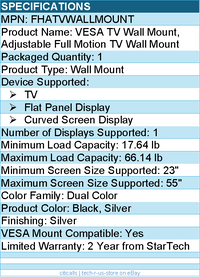 StarTech FHATVWALLMOUNT VESA TV Wall Mount, Adjustable Full Motion