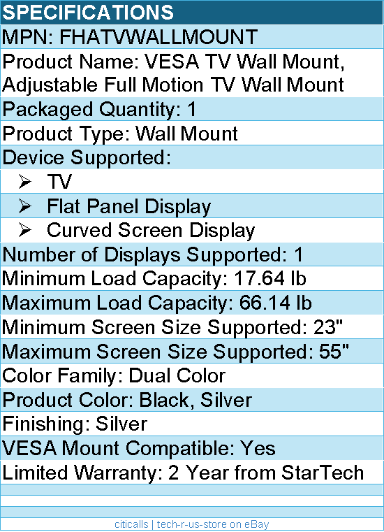 StarTech FHATVWALLMOUNT VESA TV Wall Mount, Adjustable Full Motion