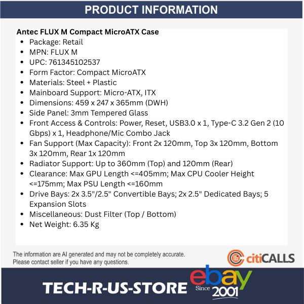ANTEC FLUX M MicroATX PC Case 6x120mm Fans ARGB PWM USB-C 360mm Glass Temp Black