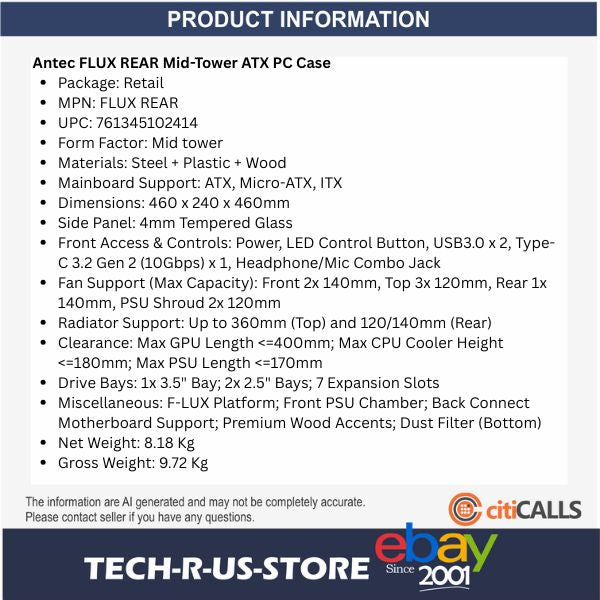 ANTEC FLUX REAR Mid-Tower ATX Desktop Case 5x Fans Back Connect Wood 360mm Black