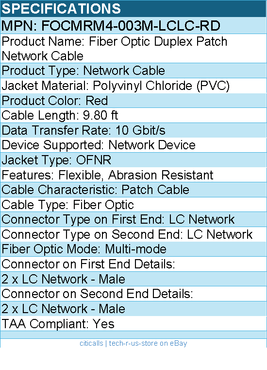 Black Box FOCMRM4-003M-LCLC-RD Fiber Optic Duplex Patch Network Cable