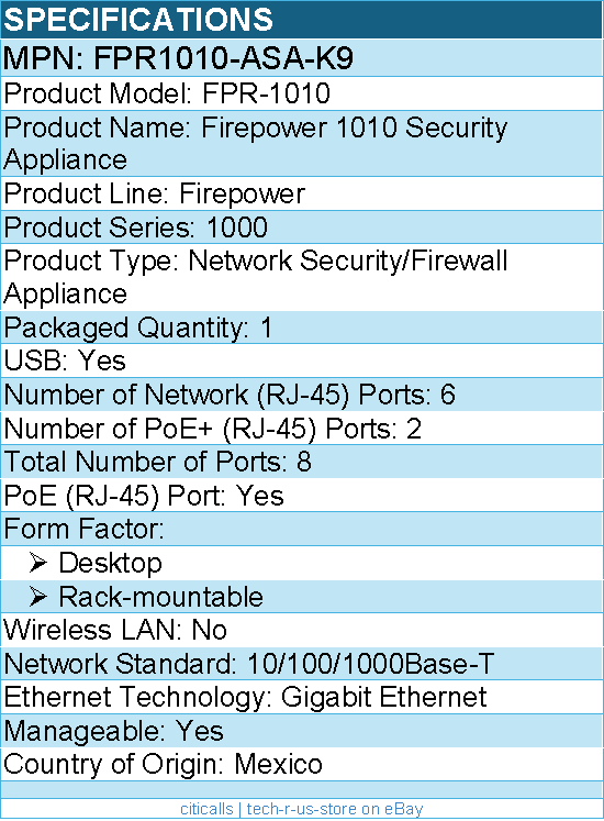 Cisco FPR1010-ASA-K9 Firepower 1010 Security Appliance - 8 Port