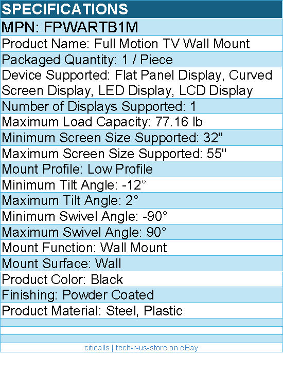 StarTech FPWARTB1M Full Motion TV Wall Mount for 32-55 inch VESA Display
