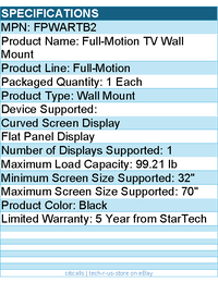 StarTech FPWARTB2 TV Wall Mount for up to 70 inch VESA Displays - Heavy Duty