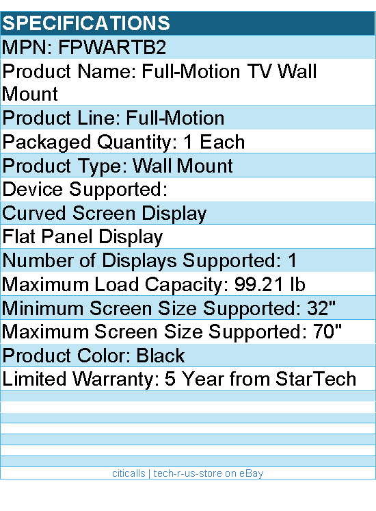 StarTech FPWARTB2 TV Wall Mount for up to 70 inch VESA Displays - Heavy Duty
