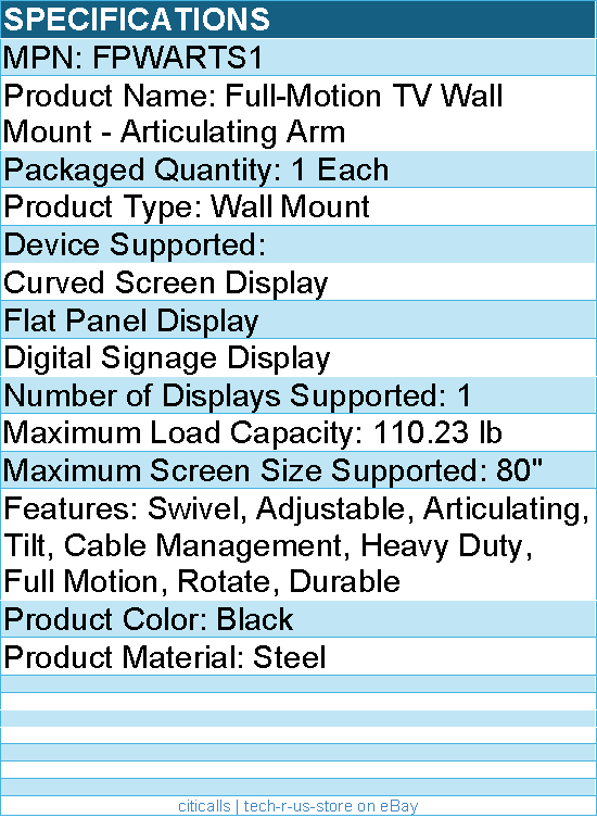 StarTech FPWARTS1 TV Wall Mount for up to 80" VESA Mount Displays