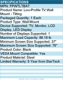 StarTech FPWTLTBAT Low Profile TV Mount - Tilting - Anti-Theft