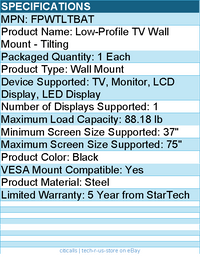 StarTech FPWTLTBAT Low Profile TV Mount - Tilting - Anti-Theft