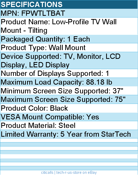 StarTech FPWTLTBAT Low Profile TV Mount - Tilting - Anti-Theft