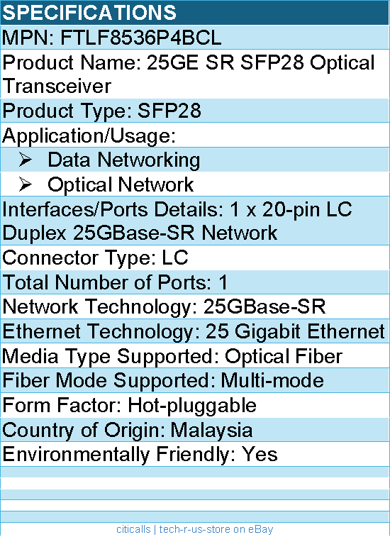 Finisar FTLF8536P4BCL Finisar 25GE SR SFP28 Optical Transceiver