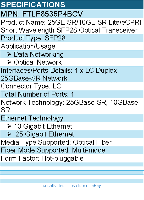 Finisar FTLF8536P4BCV 25GE SR/10GE SR Lite/eCPRI - SFP28 Optical Transceiver