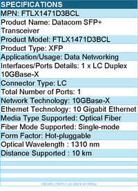 Finisar FTLX1471D3BCL Datacom SFP+ Transceiver - 1 x 10GBase-X