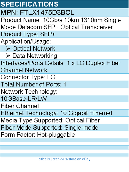 Finisar FTLX1475D3BCL 10Gb/s 1310nm Single Mode Datacom SFP+ Optical Transceiver