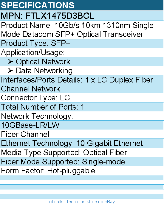 Finisar FTLX1475D3BCL 10Gb/s 1310nm Single Mode Datacom SFP+ Optical Transceiver