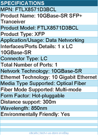 Finisar FTLX8571D3BCL 10GBase-SR SFP+ Tranceiver - Hot-pluggable