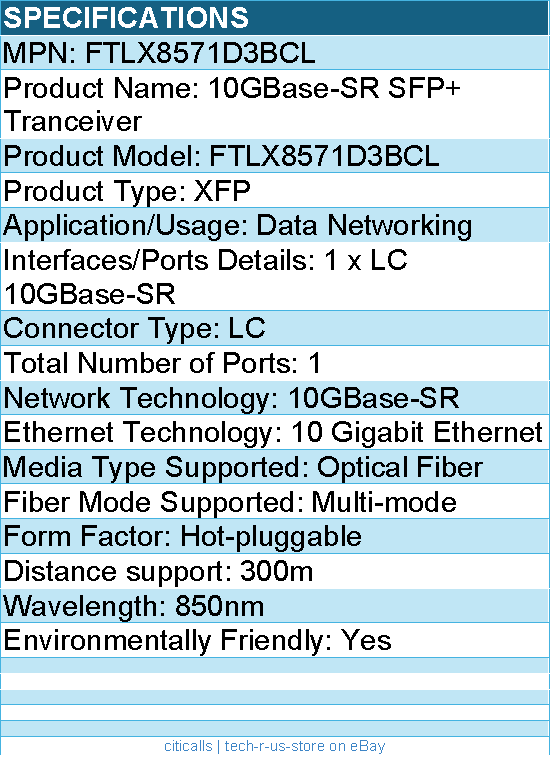 Finisar FTLX8571D3BCL 10GBase-SR SFP+ Tranceiver - Hot-pluggable