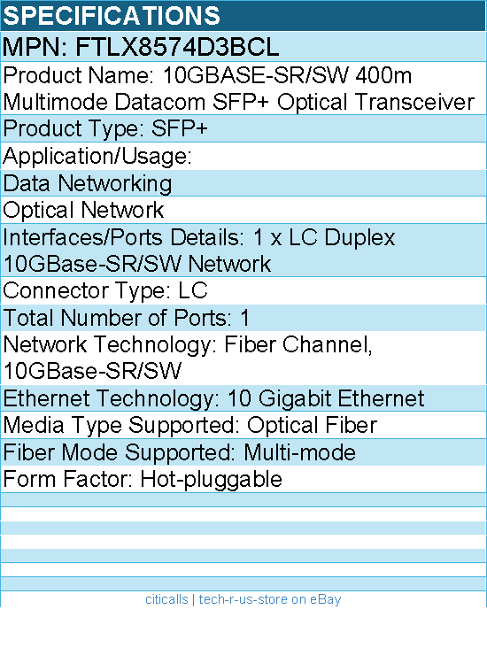 Finisar FTLX8574D3BCL 850NM VCSEL PIN 10GBASE-SR/SW - Transceiver