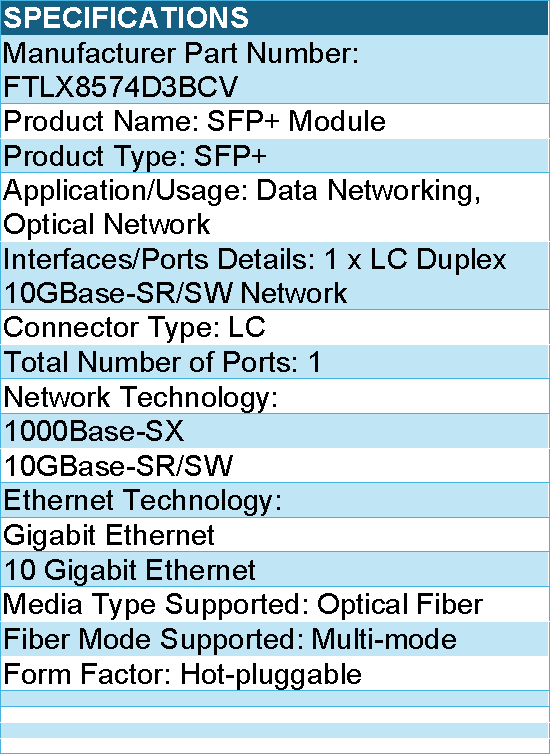 Finisar FTLX8574D3BCV SFP+ Module - For Optical Network, Data Networking
