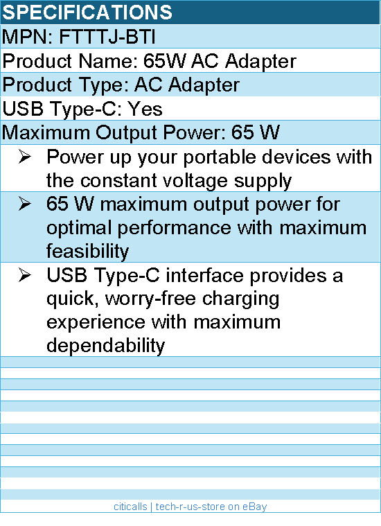 BTI FTTTJ-BTI 65W TYPE-C AC ADAPTER - 65 W maximum output power - Black