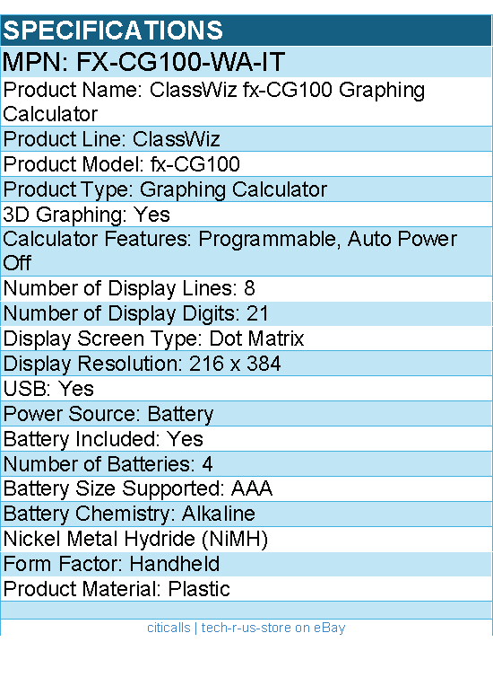 Casio FX-CG100-WA-IT ClassWiz fx-CG100 Graphing Calculator - Black