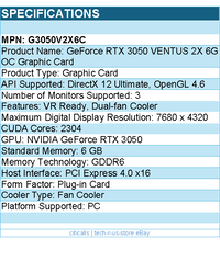 MSI G3050V2X6C Video Card - GeForce RTX 3050 VENTUS 2X 6G OC 6G GDDR6 PCI-E4.0x8