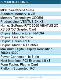 MSI G3050V2XXS8C NVIDIA GeForce RTX 3050 Graphic Card - 8 GB GDDR6
