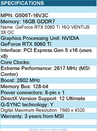 MSI G506T-16V3C Video Card - GeForce RTX 5060 Ti 16G VENTUS 3X OC 16GB GDDR7