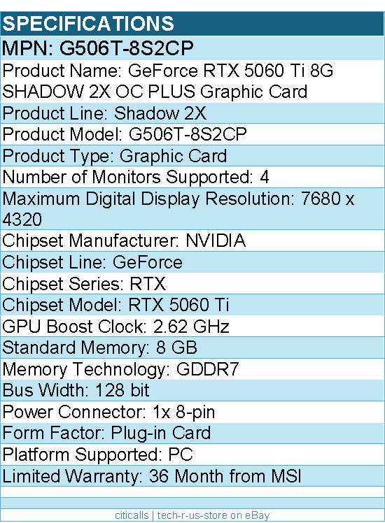 MSI G506T-8S2CP NVIDIA GeForce RTX 5060 Ti Graphic Card - 8 GB GDDR7