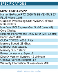 MSI G506T-8V2P GeForce RTX 5060 Ti 8G VENTUS 2X PLUS 8GB GDDR7 128B Video Card