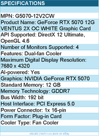 MSI G5070-12V2CW GeForce RTX 5070 12G VENTUS 2X OC WHITE Graphic Card