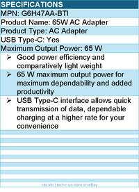 BTI G6H47AA-BTI 65W TYPE-C AC ADAPTER - Compatible OEM: G6H47AA