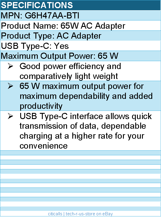 BTI G6H47AA-BTI 65W TYPE-C AC ADAPTER - Compatible OEM: G6H47AA