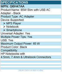 HPI G6H47AA 65W Slim with USB AC Adapter - Compact, Lightweight - Black