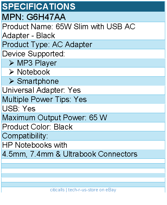 HPI G6H47AA 65W Slim with USB AC Adapter - Compact, Lightweight - Black