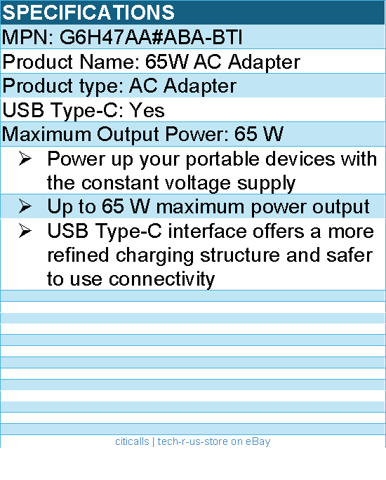 BTI G6H47AA#ABA-BTI 65W AC Adapter - 65 W - Up to 65 W maximum power output