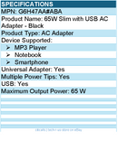 HPI G6H47AA#ABA 65W Slim with USB AC Adapter - Universal Adapter - Black