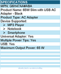 HPI G6H47AA#ABA 65W Slim with USB AC Adapter - Universal Adapter - Black