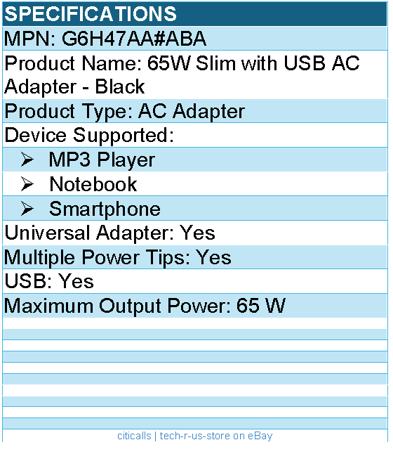 HPI G6H47AA#ABA 65W Slim with USB AC Adapter - Universal Adapter - Black