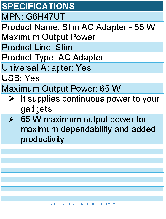 HPI G6H47UT Slim AC Adapter - 65 W Maximum Output Power - Universal Adapter