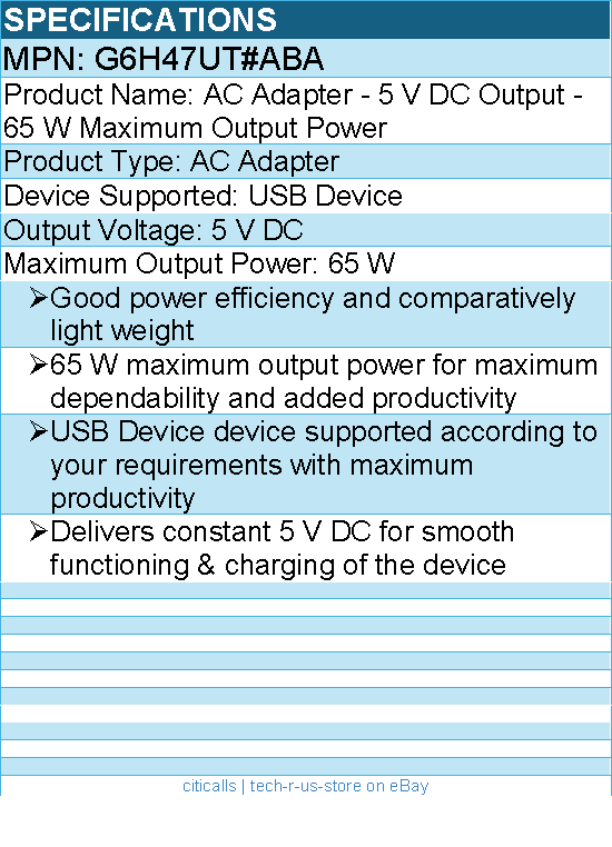 HPI G6H47UT#ABA AC Adapter - 5 V DC Output - 65 W Maximum Output Power