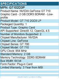 MSI G7102D3P NVIDIA GeForce GT 710 Graphic Card - 2 GB DDR3 SDRAM - Plug-in Card