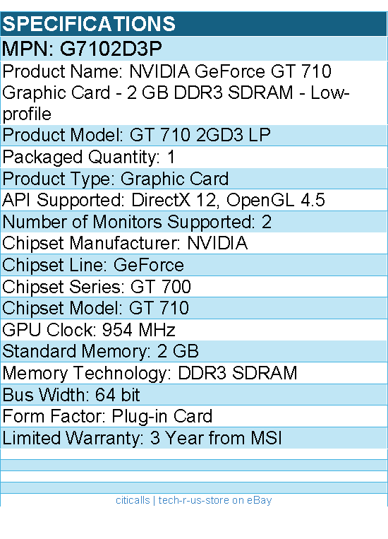 MSI G7102D3P NVIDIA GeForce GT 710 Graphic Card - 2 GB DDR3 SDRAM - Plug-in Card