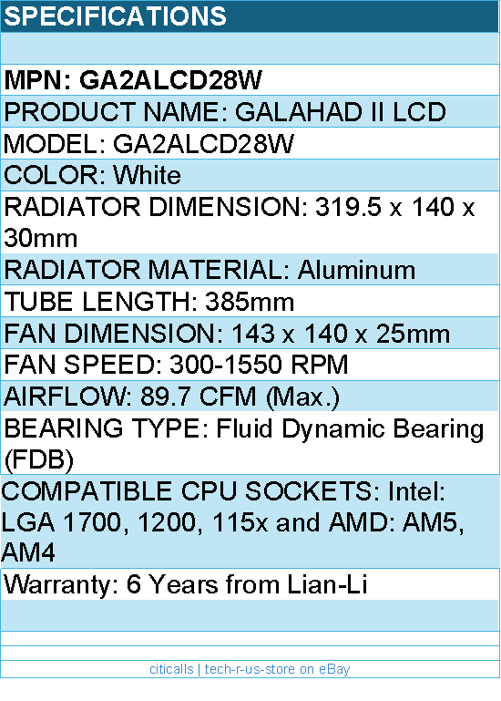 Lian-Li GA2ALCD28W Galahad II LCD 280mm FDB 300-1550RPM - CPU Liquid Cooler