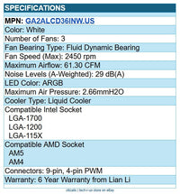 Lian Li GA2ALCD36INW.US GA II LCD Cooling Fan Radiator Water Block Pump 2450rpm