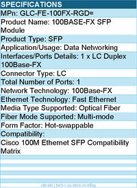 Cisco GLC-FE-100FX-RGD= 00BASE-FX SFP Module - 1 x 100Base-FX