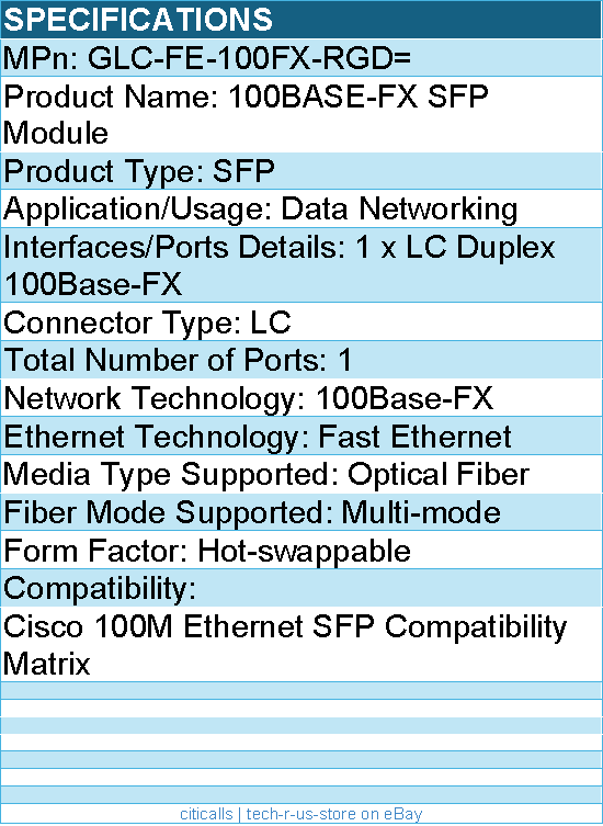 Cisco GLC-FE-100FX-RGD= 00BASE-FX SFP Module - 1 x 100Base-FX