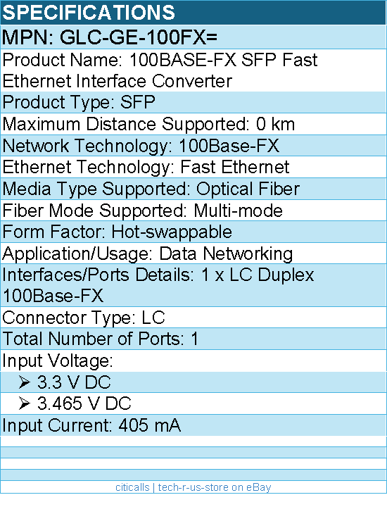 Cisco GLC-GE-100FX= 100BASE-FX SFP Fast Ethernet Interface Converter