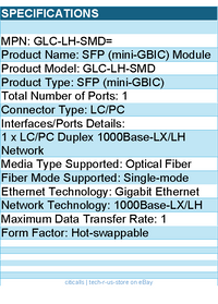 Cisco GLC-LH-SMD= SFP (mini-GBIC) Module - 1 x LC/PC Duplex 1000Base-LX/LH Netwo